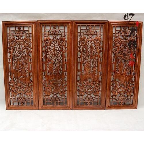 Dongyang wood carving Pendant camphor wood screen partition porch Feng Shui four piece of wood firewood fish farming vertical sc