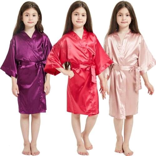 Kids Party Robes Clothes Red Pink Purple Toddler Baby Girl Solid Silk Satin Kimono Bathrobe Birthday Sleepwear Soft Robes