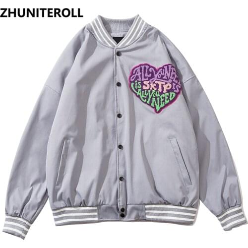 Harajuku Letter Heart Jacket Men Letter Embroidery Button Bomber Fashion Baseball Coats Streetwear High Street Tops Clothing