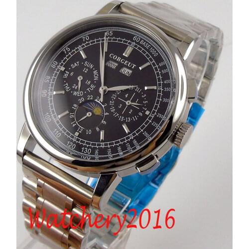Top Brand 42mm CORGEUT Mechanical wristwatches moon Phase Black Dial Silver Year Day Month Week 316L SS Case Automatic Watch men