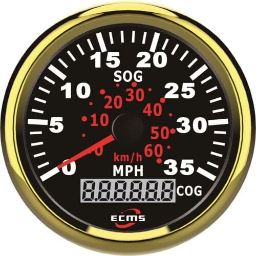 Marine Boat Car Truck GPS Speedometer Gauge 9-32V 35MPH 85mm 316L Golden Bezel Black Dial 900-00053