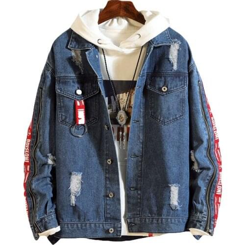 Spring Autumn Retro Denim Jacket Mens Hip Hop Jeans Coat Casual Bomber Jacket Outerwear Male Letter Print Cotton Denim Clothes