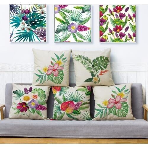 Tropical Plant And Flower Print Throw Pillow Cover 45*45cm Square Cushion Covers Linen Pillows Cases Sofa Home Decor Pillow Case