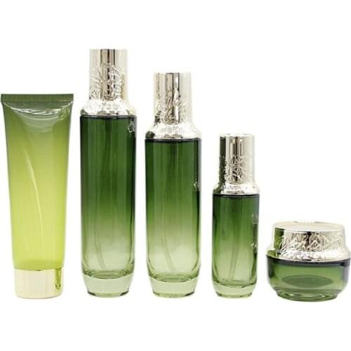 Empty 40/100/120ML Lotion Bottle Gradient Green 50g Glass Cream Jar Makeup Soft Squeeze Tube Refillable Lotion Bottles with Pump