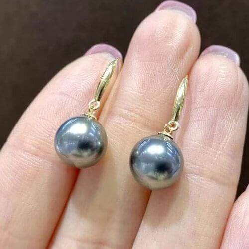 HENGSHENG New Arrival 9-10mm Round Natural Ocean Tahiti Pearls Earrings For Women Genuine 18k Gold Drop Earrings Fine Jewelry