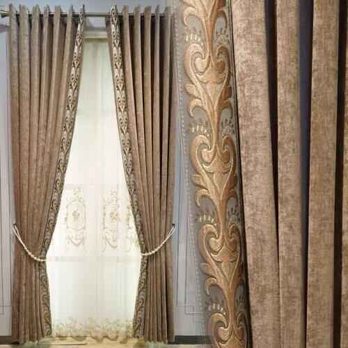 Custom curtains luxury Simple modern chenille living room embroidered coffee cloth blackout curtain tulle drape B043