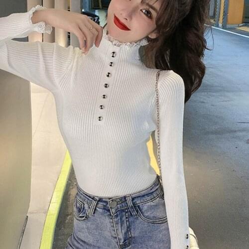 JMPRS Fahsion Button Women Sweater Sexy Lace Patchwork White Pullover Knit Jumper Casual Autumn Elastic Female Basic Tops