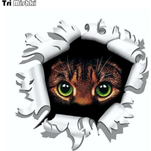 Tri Mishki WCS006 15*15cm Cat in the Bullet hole car sticker funny colorful car stickers auto automobile decals