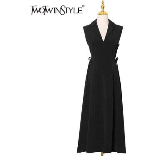 TWOTWINSTYLE Hollow Out Bandage Dress For Women Lapel Sleeveless High Waist Black Dresses Female Spring Fashion New Clothes 2021