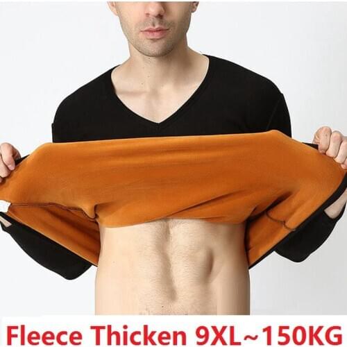 Winter Fleece Thicken Tops Large Size 6XL 7XL Mens Thermal Underwear Tops V Neck Long Sleeve 8XL 9XL Black Wine Red Cotton Tops