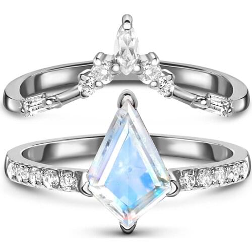 High Quality 925 Sterling Silver Faceted Kite Cut 7x10mm Natural Blue Moonstone Ring Moonstone Ring Sets For Women Gift