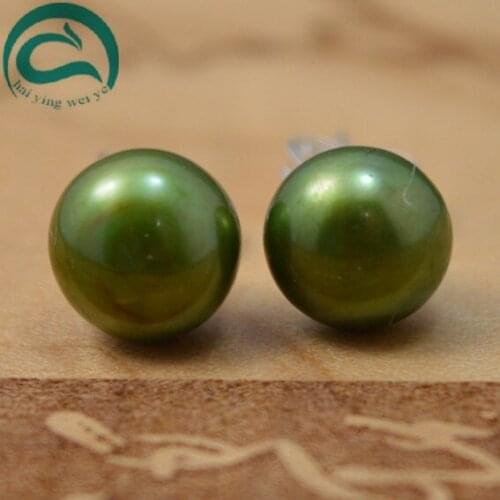 Green Pearl Earrings 8MM Real Freshwater Pearl Earring S925 Sterling Silvers Stud Jewelry Charming Women Gift Jewelry