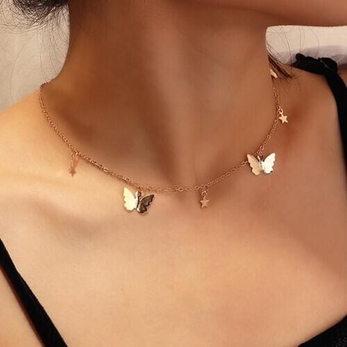 New Golden Star Butterfly Clavicle Chain Stripes Pendant Multilayer Necklace Popular For Women Romantic Holiday Jewelry Gifts