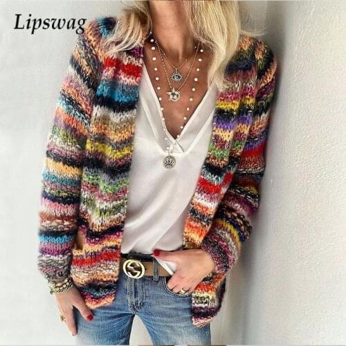 Retro Harajuku Casual Striped Loose Sweater Female Autumn Long Sleeve Knitted Sweater Coat Fashion Colorful Women Cardigan Tops
