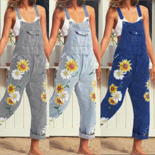 2020 Women Girl Washed Denim bodysuit Ladies Casual Jeans Flower Print Rompers Womens Jumpsuit Overalls #4 Denim Jumpsuits
