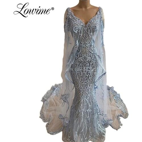 Robe De Soiree Arabic Blue Lace Formal Dresses Mermaid Capped Long Sleeves Dubai Middle East Evening Dress Vestidos 2020 Aibye