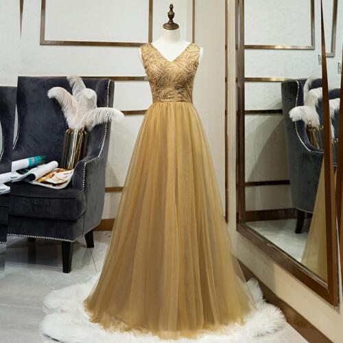 Golden Evening Dresses A-Line V-Neck Sequin Sexy Sleevless Formal Dresses Elegant Party Gowns Floor-length