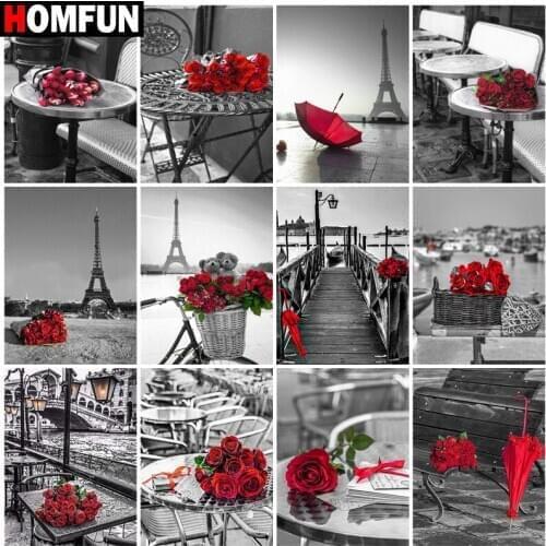 HOMFUN Diamond Painting Full Square/Round Diamond "Rose tower landscape" Pattern Embroidery Cross Stitch 5D Rhinestone Painting