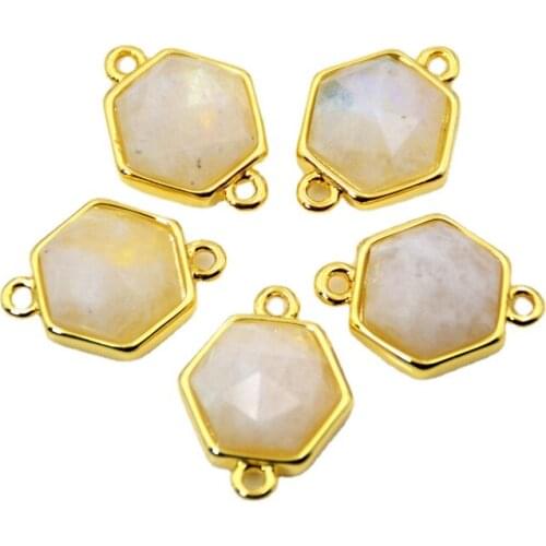 White Moonstone faceted Hexagon shape Gem stone connector gold bezel setting jewelry charms bracelet findings