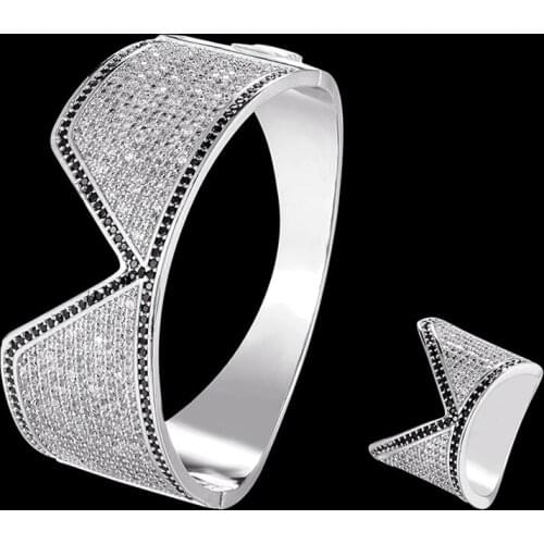 Zlxgirl luxury brand women big full pave cubic zircon bracelet ring bridal jewelry sets perfect Gold bangle party gifts