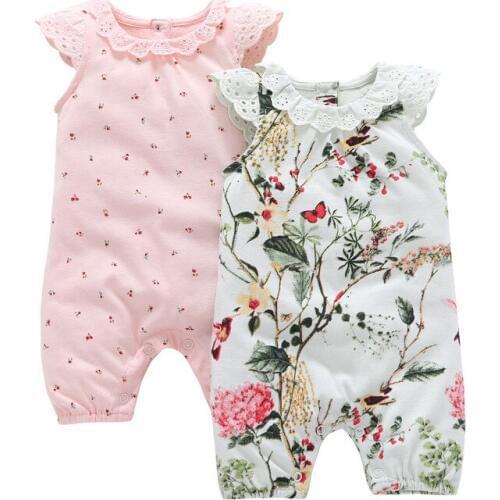2019 Summer Newborn Girl Sleeveless Rompers Baby Girls Lotus Leaf Collar Flower Jumpsuit Print Embroidery Pink Climbing Clothes