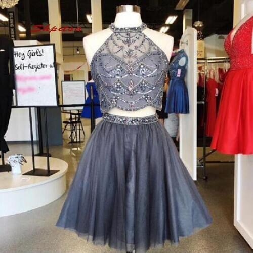 Grey Little Short Homecoming Dresses Two 2 Piece Tulle Women Semi 8th Grade Prom Junior Graduation Cocktail Formal Dresses