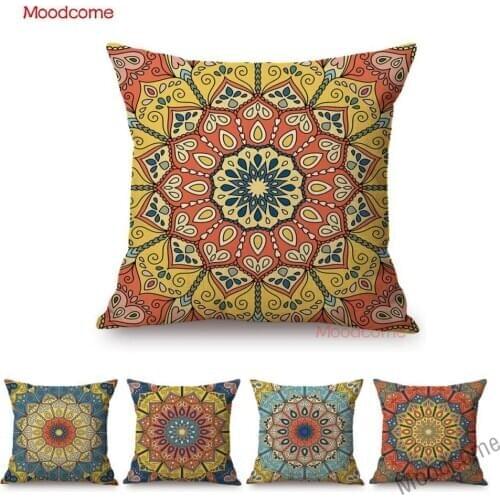Red Yellow Floral Pattern Home Decorative Sofa Throw Pillow Case Mediterranean Mandala Car Pillow Cotton linen Cushion Cover