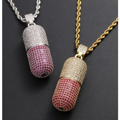 Ice Out Cubic AAA+ Zircon Exquisite Pills Pendant Necklace with Rope Chain Hip Hop Gold Silver Color Charm Jewelry for Men Women
