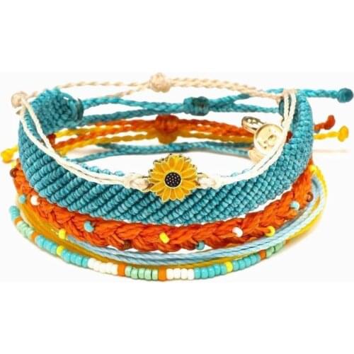 Summer braclets for women boho wax coated string rope cord friendship bracelet Sun flower charm Braided bracelet jewelry gift