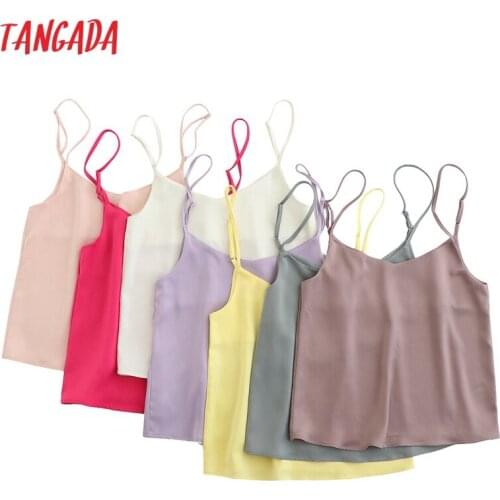 Tangada Women V Neck High Quality Satin Camis Spaghetti Strap Adjust Leeveless Silk Tank Tops 2021 Camisole 6L21