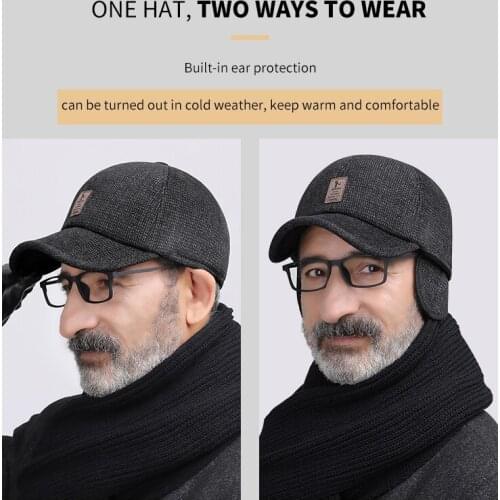 Fashion New Winter Baseball Cap For Men With Earflaps Warm Man Hat Thicken Snapback Cap