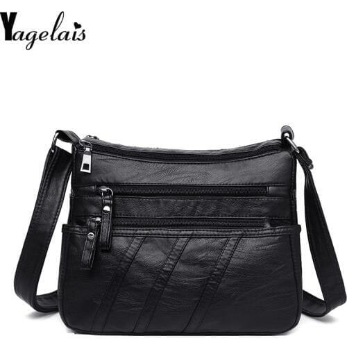 Fashion Women Crossbody Bag Black Soft Washed PU Leather Messenger Bags Womens Shoulder Bags Femme Luxury Designer Handbags