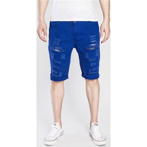 Hole Mens Casual Denim Shorts Simple Solid Color Washed Straight Knee-length Jeans Male Board Shorts Five-point Pants