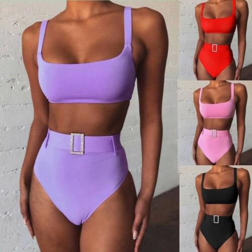 New Womens High Waist Solid Swimsuit Swimwear Bikini Bathing Suit Beachwear Set