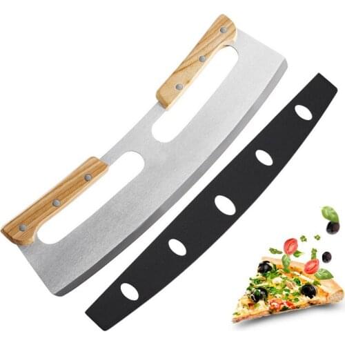 Pizza Cutter Rocker Stainless Steel with Double Wooden Handle 14 Inch Upgraded Sharp Pizza Slicer Knife Chopper with Blade Cover