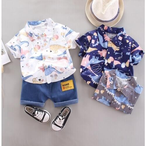 Boys Clothing 2021 Summer New Baby Balloon Dinosaur Short-sleeve Shirt Denim Shorts Two-piece Print Baby Girl Suit 1-4 Years Old