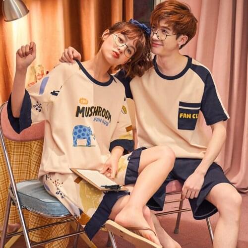 Couple Pajamas Set Women Kawaii Cartoon Blue Dot Elephant Homewear Leisure Summer Plus Size Cotton Lovers Short Sleeve Sleepwear