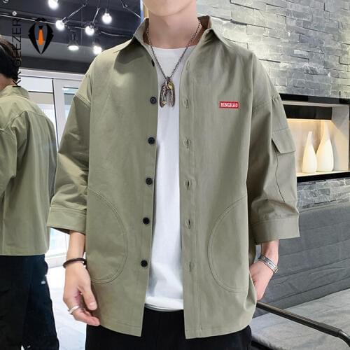 Men Shirt Three Quarter Sleeve 100% Cotton Summer Loose Casual Street Shirts Office Tuxedo Formal Fashion Dress Brand Shirt