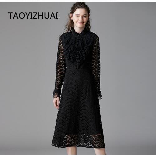 TAOYIZHUAI black color vintage long lace lady dress full sleeve Ankle length button loose elegant women party women dress 14276