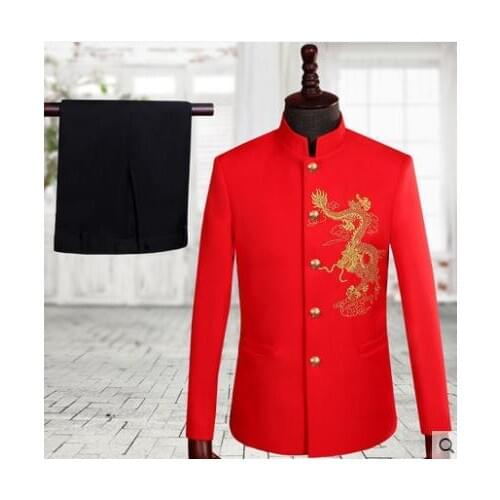 Embroidered dragon Chinese tunic suit set with pants mens wedding suits costume singer style stage clothing formal dress 987
