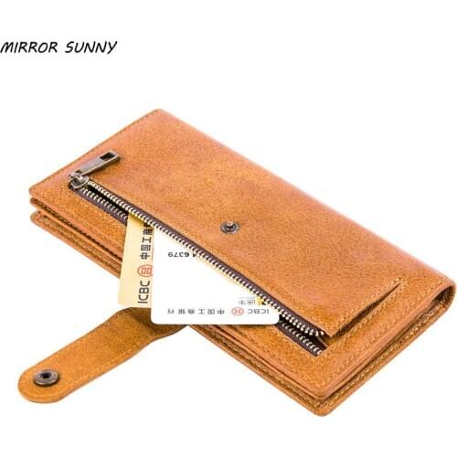 MIRROR SUNNY MS-0177 Genuine leather men long wallet first layer cow leather multi-card male purse mens zipper handbag