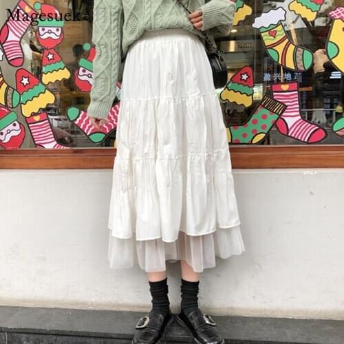 New Spring Summer Midi Skirt Women High Waist Casual Solid White Black Long Skirt Teenagers Harajuku Pleated Skirts Faldas 12819