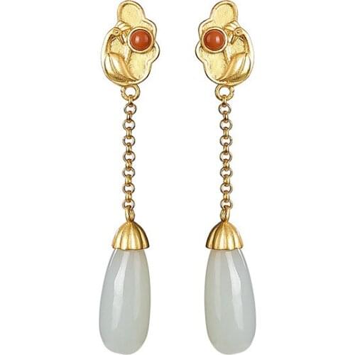 925 sterling silver gold plated Hetian jade ear studs vintage Peacock water drop womens graceful long earrings