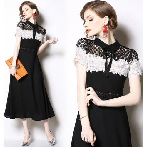 Women Summer Dresses Lace Office Lady A-LINE Ankle-Length Short Women Elegant O-Neck Black Patchwork 2021 New Women Dresses