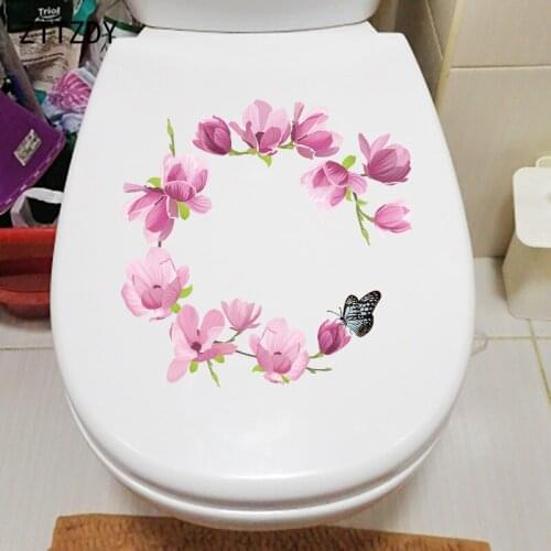 ZTTZDY 23.6×22.9CM Pink Magnolia Butterfly Wreath Bedroom Wall Stickers Flower Toilet WC Accessories T2-1249