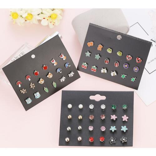 30 Pairs Earrings Stainless Steel Mixed Animals Heart Star Ladybug Bee Frog Mushroom Tree Daisy Umbrella Stud Earrings Set Kids
