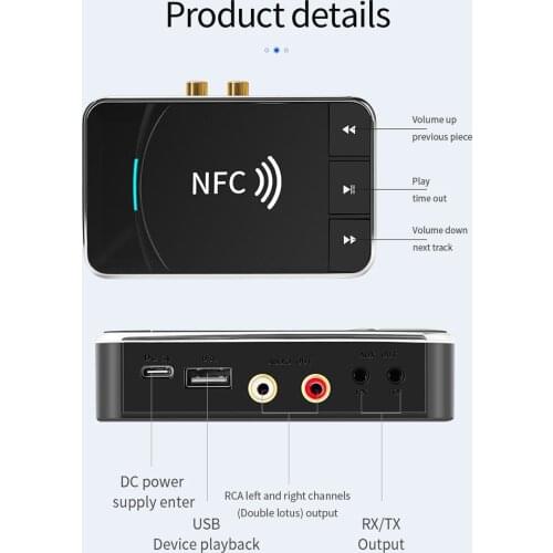 2in1 Bluetooth 5.0 Transmitter Receiver Adapter NFC 3.5mm RCA Audio AUX Output Wireless Bluetooth Dongle Stereo for Amplifier