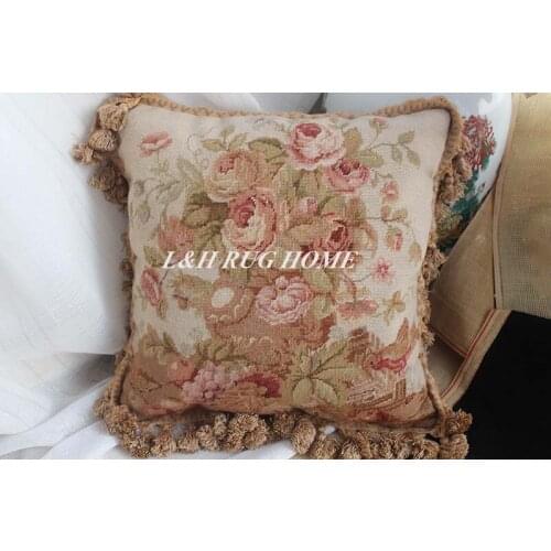 FREE SHIPPING 15K 16"X16" Handmade Needlepoint pillow Hand Knotted roses cushion NO INSERTION