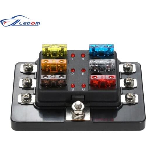 Fuse Box Holder DC 12V 24V 32V 6 Ways Plastic Cover Blade M5 Stud with LED Indicator Fuses Block for Car Boat Marine Caravan