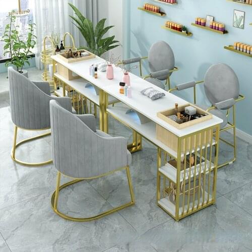 Double-layer solid wood nail table and chair combination nail shop with drawers nail table economical nail table set gold tables